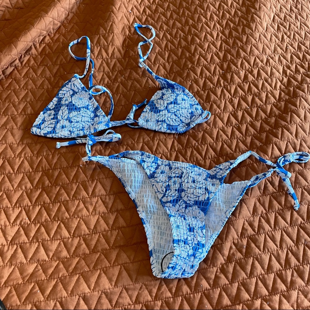 shein swimsuit blue floral shirred sz. M